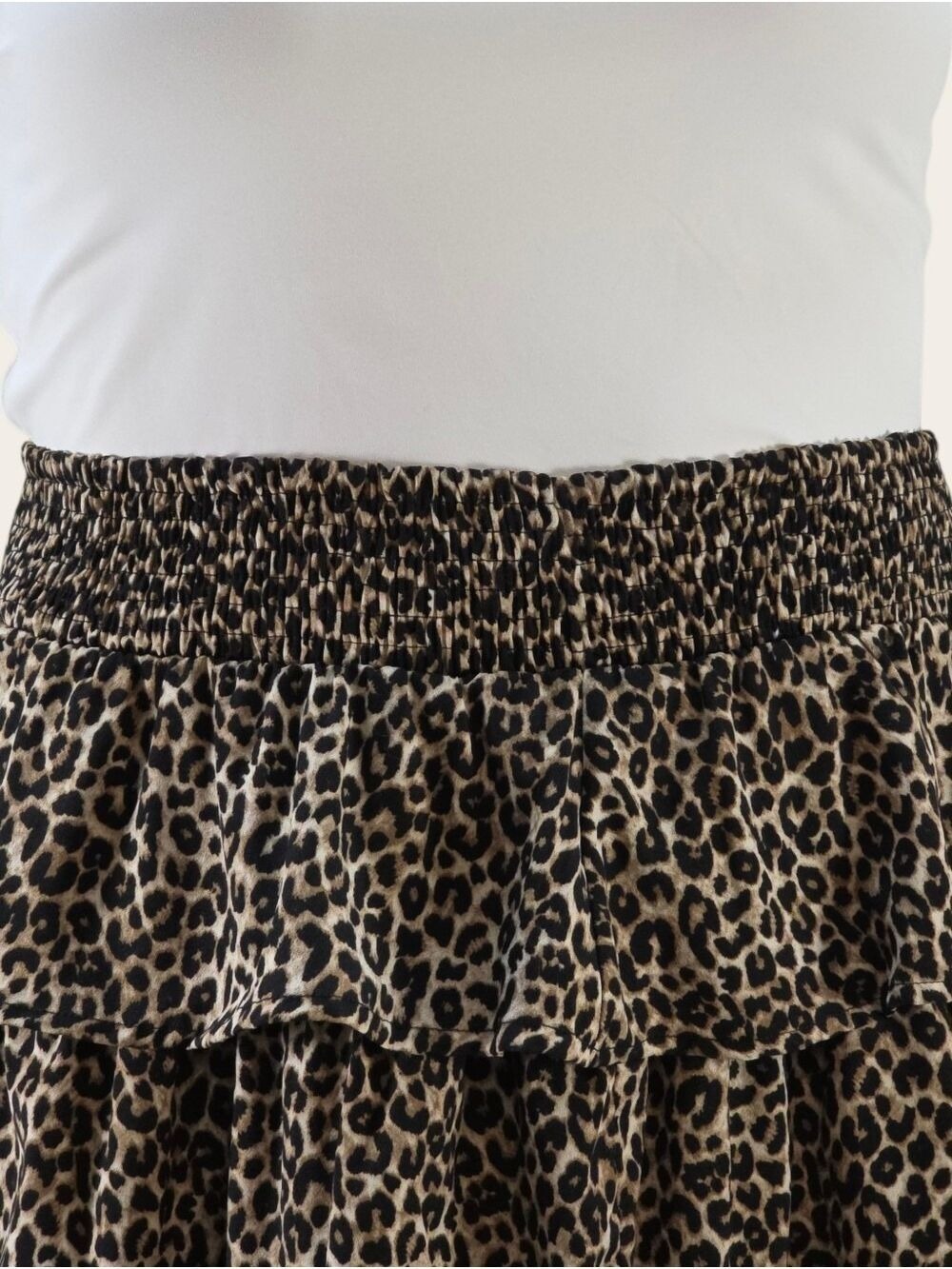 Leopard Tiered Ruffle Mini Skirt 2X Smocked Waist Mob Wife Western Glam NWT - Picture 6 of 10